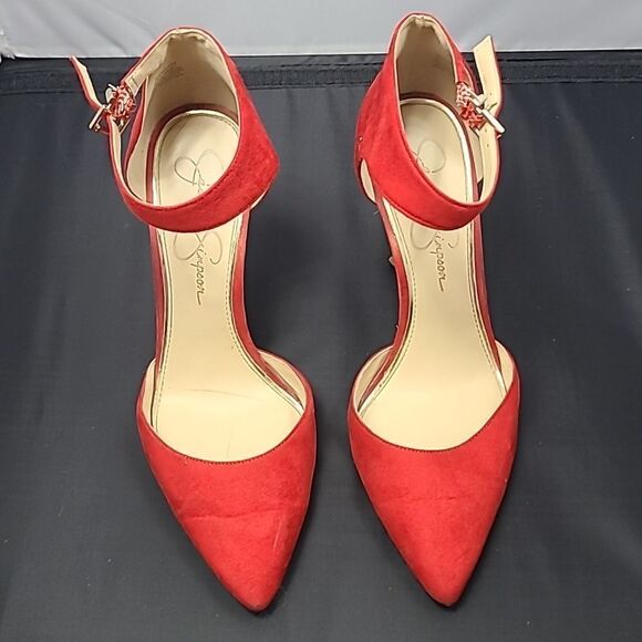 Jessica Simpson Postrie Pump Red Suede Stiletto Heels Ankle Strap Pointed Toe - Picture 2 of 9
